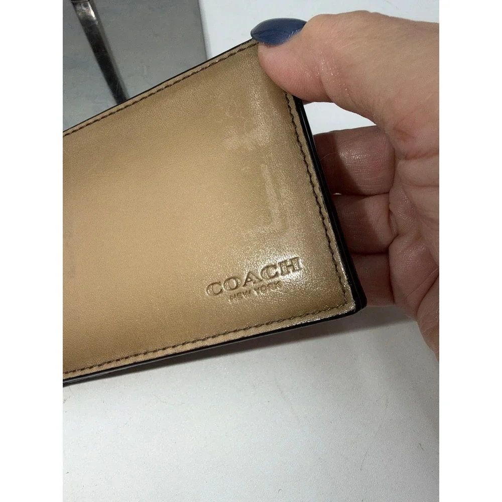 Coach New York Mens Tan Leather Bifold Wallet Metallic Sheen Card Slots***